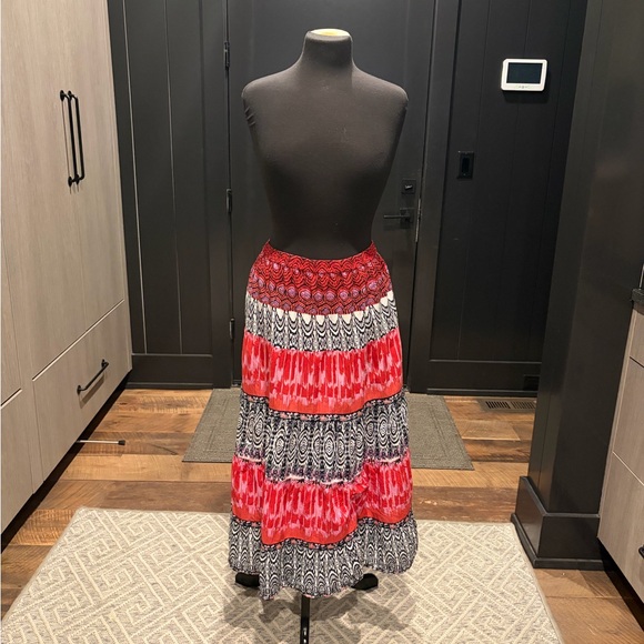 Kim Rogers Boho Tiered Cotton Maxi Skirt Red Black White Size M - Picture 2 of 5